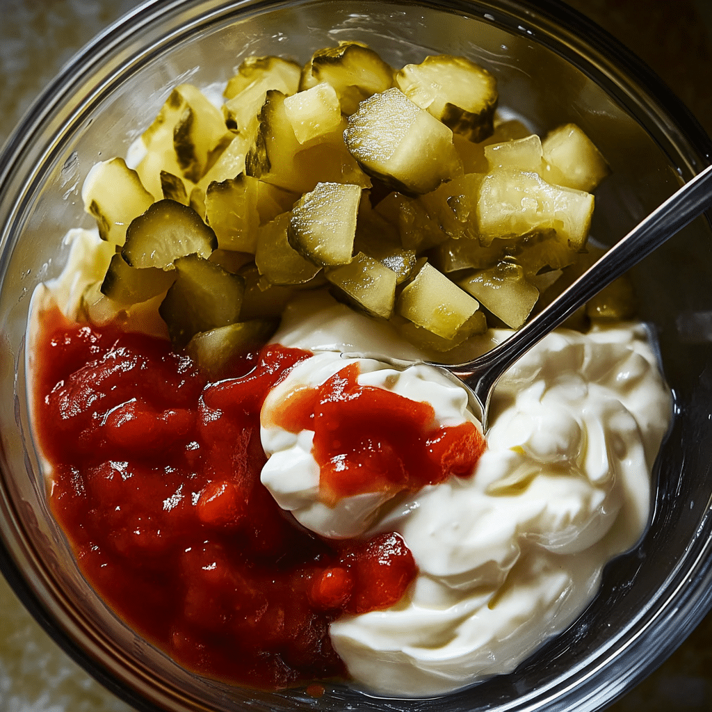 mixing ingredients for fried pickle dipping sauce recipe