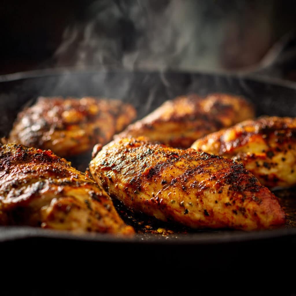 Grilled Cajun chicken cooking in skillet